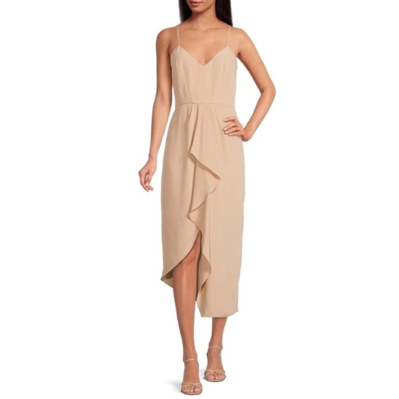 NWT Gianni Bini Monique V-Neck Strap Ruffle Asymmetrical Hem Mid Dress - Picture 1 of 2